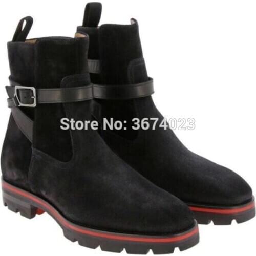 Qianruiti Fashion Design Chelsea Boots Men Ankle Strap Boots Low Heeled High Top Motorcycle Booties Black