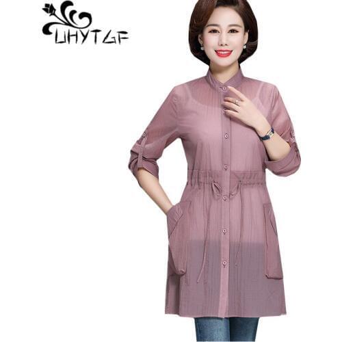UHYTGF Fashion women summer tops jacket long-sleeved single-breasted loose plus size sunscreen clothing breathable thin coat 921