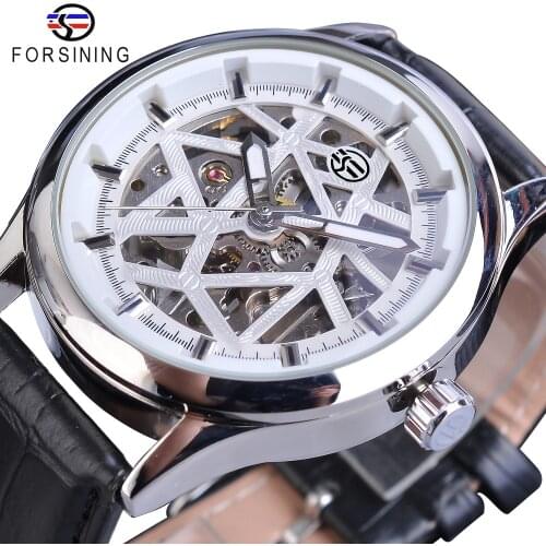 Forsining 2019 Royal Luxury Design Mens Silver Gear Movement Transparent Star Surface Open Work Skeleton Mechanical Wrist Watch
