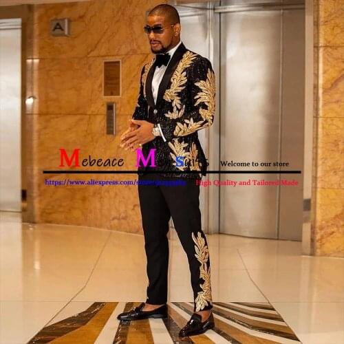 2021 New Slim Fit Groom Wedding Suit 2 Pieces Blue Men Suits Luxury Gold Embroidery Beaded Groomsman Custom Made Jacket + Pants