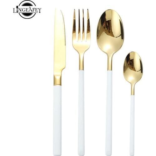 24pc/set Dinnerware Cutlery Set Stainless Steel White Gold Forks Knives Spoon Tableware Portable Kitchen Silverware Set Dropship