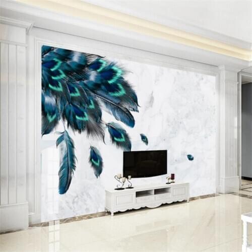 Custom Mural Wallpaper Modern Minimalist Blue Feather Marble Pattern Background Wall Painting