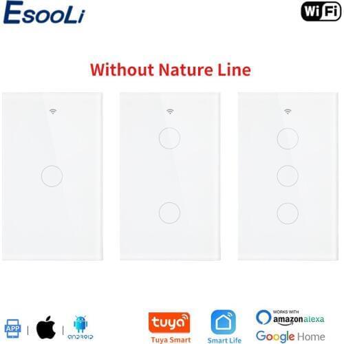 EsooLi 1/2/3 Gang US Standard Tuya Smart Life APP Wifi Smart Wall Touch Light Switch Crystal Glass Single Fire Line Touch Switch