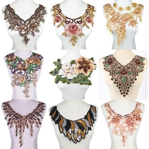 3D Brown Flower Lace Neckline Collar Fabric,DIY Manual Collar Wedding Decoration Lace Trim Sewing Scrapbooking