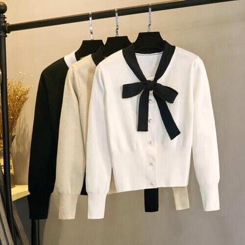 Woman sweaters Autumn Women Long Sleeve Neck Tie Bowknot Knit Blouse Buttons Sweater Pullover Knitted Sweater Women свитер 2020