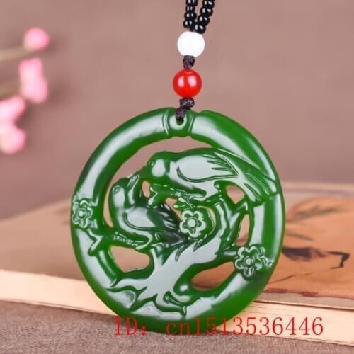 Carved Green Jade Double Sided Hollow Out Magpie Pendant Necklace Charm Jadeite Jewellery Fashion Lucky Amulet Free rope
