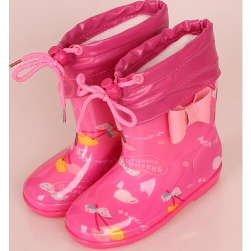 Winter Fleece Warm Children Rainboots Cartoon Lovely Kids Flat Rainboots Elastic Band Non-slip Child Rubber Shoes EUR 24-28