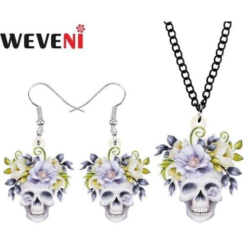 WEVENI Acrylic Halloween Flower Skeleton Skull Jewelry Sets Long Earrings Necklace For Women Kids Girls Trendy Gift Accessories