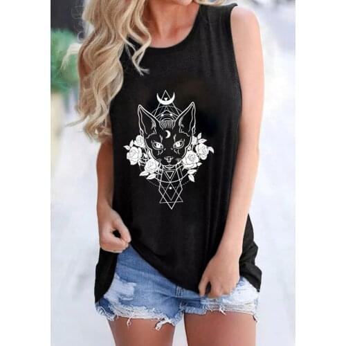 Moon Cat Rose Tank top Funny Gothic Style Cat Sleevele Tee Women fashion casual 90s aesthetic vintage top drop shipping