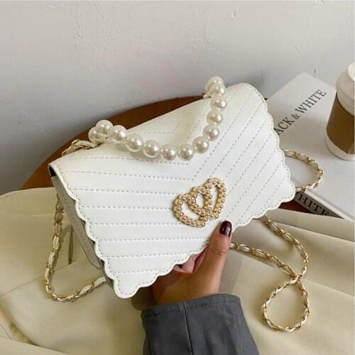 Sweet Lady Pearl Tote bag 2021 Fashion New High Quality PU Leather Womens Designer Handbag Chain Shoulder Messenger Bag