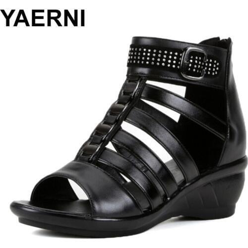 YAERNI Plus Size Womens Wedge Sandal High Heel Sandals Woman Sandals For Ladies Womans Summer Shoes 2019 Genuine LeatherE978