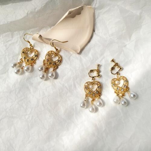 Baroque Simulated Water Drop Pearls Clip On Earrings Dreamcatcher Hollow Heart Non Pierced for Women Ears Clip No Ears Hole