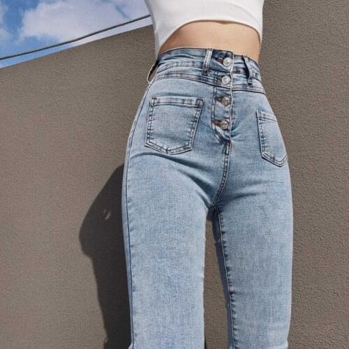 WOMENGAGA New Stretch Slim Breasted Pocket Jeans Women 2021 Fashion High Waist Trousers Pencil Pants For Ladies 9UIE