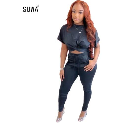 2020 hot recommend simple plain round neck short sleeves crop top and sexy tight pant 2 pieces set casual lady fashion set
