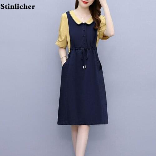 Womens summer short-sleeved single-breasted bandage tunic dress fashion loose casual patchwork knee-length midi dress robe