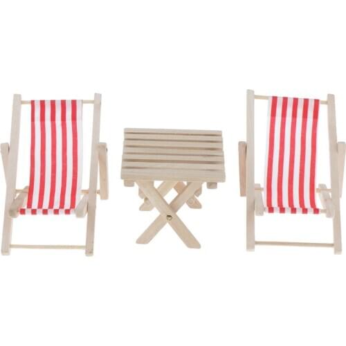 1:6 Dollhouse Miniature Striped Beach Chair & Table Set Life Scene Decor