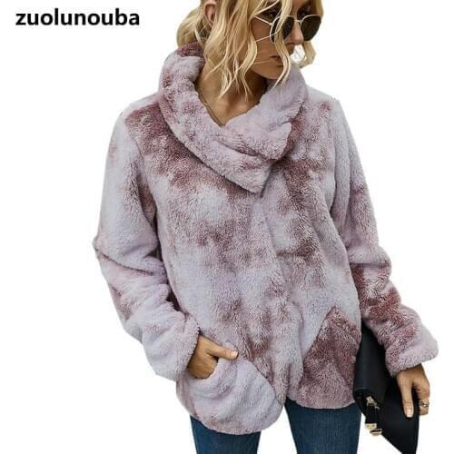 2020 Winter Warm Tie-dyed Plush Ladies Pullover Lapel Comfortable Warmth Casual Commuter Loose Fleece Pocket Women Sweatshirt