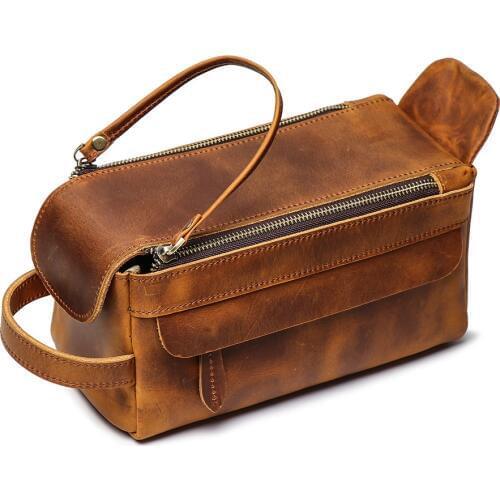 3Color New Vintage Thick Genuine Crazy Horse Leather Women Men Cosmetic Bag Travel Toiletry Wash Bicycle Bag Make Up Bags