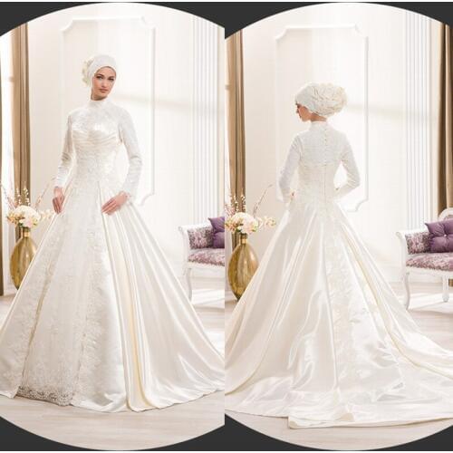 High neck Ivory Ball Gown Wedding dresses Arab muslim islamic wedding party dress with long sleeves 2016 button Lace applique