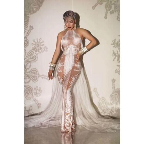 White Tail Dress Dance Costume Birthday Celebrate Party Long Dress Bar Prom Singer Performance Wear