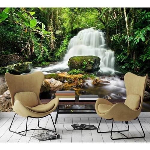 Free Shipping Flowing Water Green Forest TV Background Wall Green Forest Trees Stream Wallpaper Custom 3D Living Room Mural