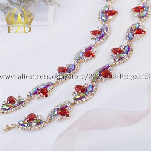FZD 10 Yard Handmade Hot fix Sew on Beaded Crystal Bridal Applique Rhinestones Decorative Trim for Bridal Dress