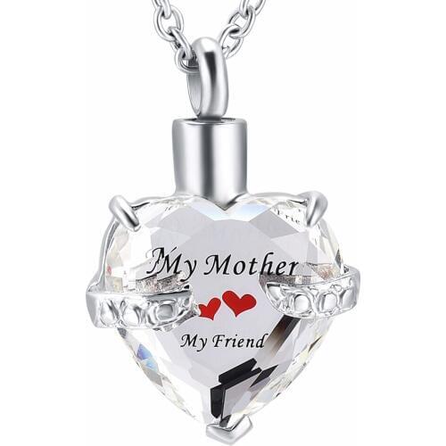 IJD9790 Elegant Heart Birthstone Cremation Urn Necklace - My Mother,My Friend Engraved Memorial Ashes Urn Jewelry