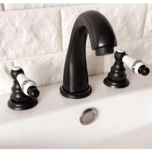 Black Oil Rubbed Brass 2 Ceramic Handle Deck-Mount 3 Hole Widespread Bathroom Lavatory Vessel Basin Faucet Sink Mixer Tap dhg060