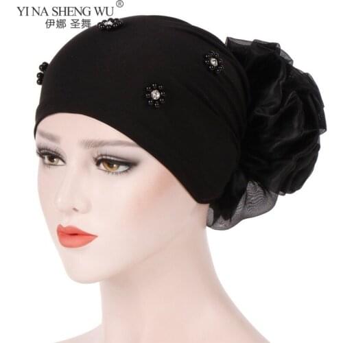 New Women Fashion Hair Loss Cap Beanie Skullies Flower Pearls Muslim Cancer Chemo Cap Islamic Indian Hat Cover Head Scarf Bonnet