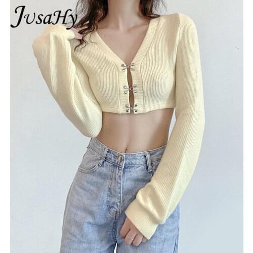 JuSaHy Harajuki Style Solid Soft Knitted Sweater for Women Autumn Casual Streetwear Female Stretch Office Lady Cardigan Top