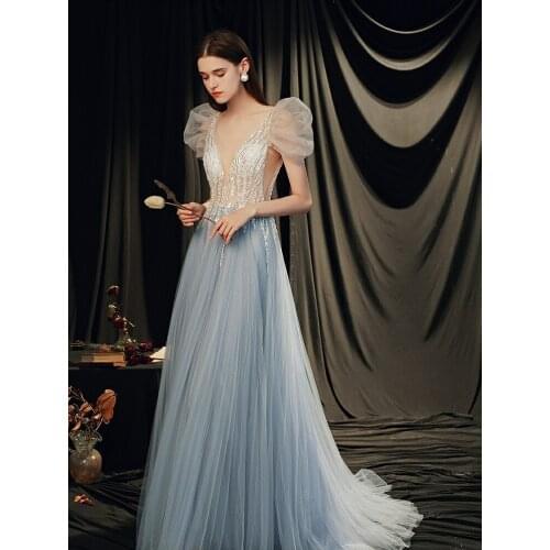 Luxury Blue Prom Dresses A Line V Neck Shiny Beaded Elegant Puff Sleeve Long Wedding Birthday Celebrities Princess Evening Gowns