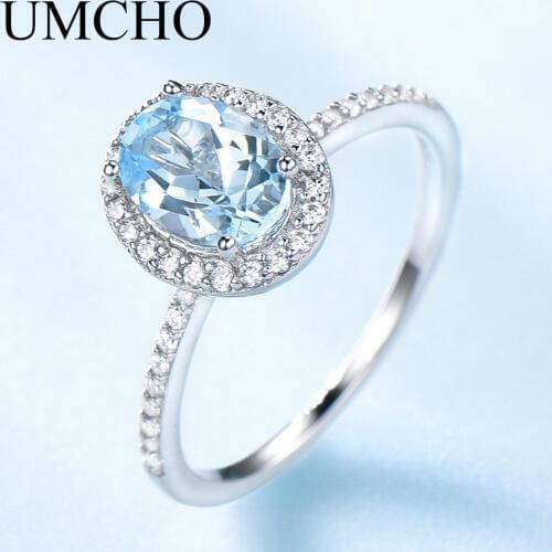 UMCHO Sky Blue Topaz Gemstone Rings for Women Genuine 925 Sterling Silver Ring Oval Romantic Gift Luxury Engagement Jewelry