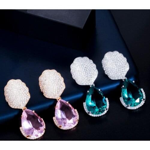 ThreeGraces Elegant Green CZ Crystal Big Dangling Water Drop Earrings for Women White Gold Color Fashion Wedding Jewelry ER650