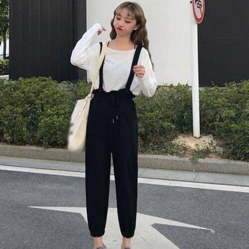 Women Fashion Youth Loose Lacing Casual Overalls Jumpsuiit Spring Summer Korean Style Solid Color Vintage Wild Overalls Playsuit