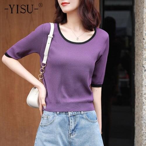 YISU 2021 Summer Women Thin section Sweater Summer tops Solid color O-Neck Short sleeve Sweater Jumper Female Knitted Pullover