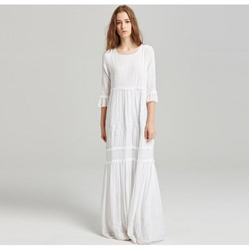 Woman dress fashion cotton and linen embroidery embroidered lotus leaf sleeve wood ear and ankle long dress summer