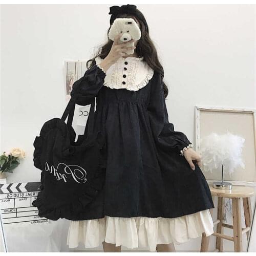 Wenfly Womens Lolita Clothing Dresses O-Neck Button Long Sleeve Patchwork Ruffled Sweet Loose Preppy Korean Student Dress