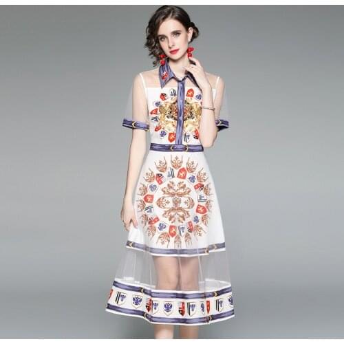 Runway Womens Perspective Mesh Stitching Midi Dress Fashion Turn Down Collar Short Sleeve Floral Print Party Dress Vestidos