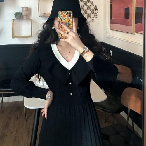 Korean 2021 Winter Retro Knitted Dress Women Sweet V-Neck Midi Sweater Dress Female Long Sleeve French Elegant One Piece Dress