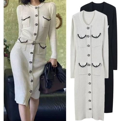 2021 Women Sweater Knit Dresses Long Sleeve O-Neck Buttons Vintage Fashion Lady Robes Vestidos Elegant Spring Summer Holiday ins