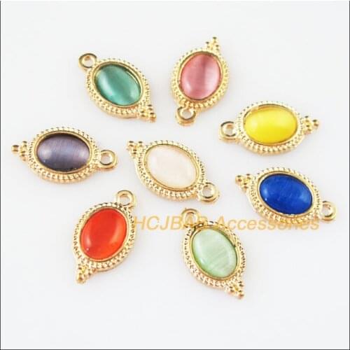 12 New Oval Flower Mixed Charms Cat Eye Stone Pendants Gold Color 9x16.5mm
