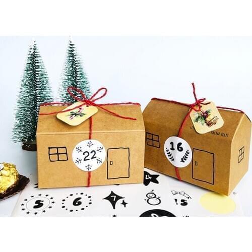 24sets Christmas Advent Calendar Kraft Box Ginger House Shape Desser Treat Gift Box Set Merry Xmas Decoration Counting Down Box