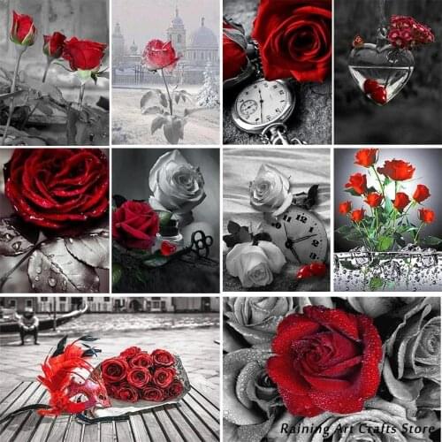 5D Diy Diamond Painting Red Rose Cross Stitch Kits Embroidery Black White Street Landscape Full Drill Mosaic Pictures Home Decor