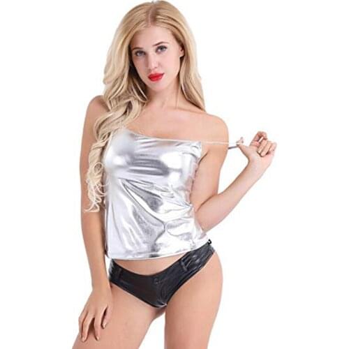 Ensnovo Womens Metallic Shiny Spaghetti Strap Crop Tops Sexy Backless Bodycon Tank Tops Party Club Camisole