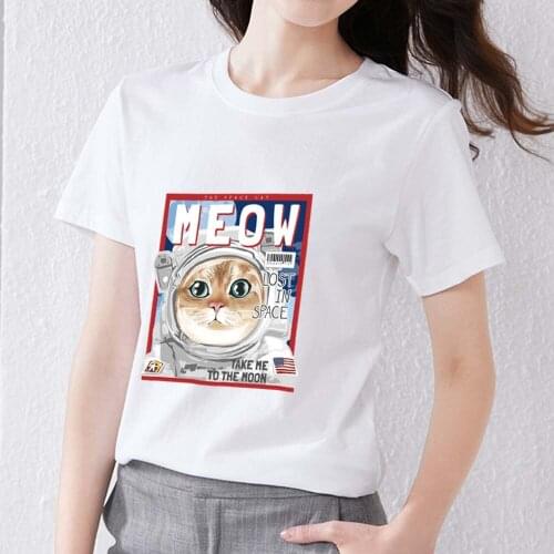 T-shirt Womens Casual Slim Cartoon Cute Space Kitty Print Series Soft Round Neck Polyester Commuter Ladies Short-sleeved Top