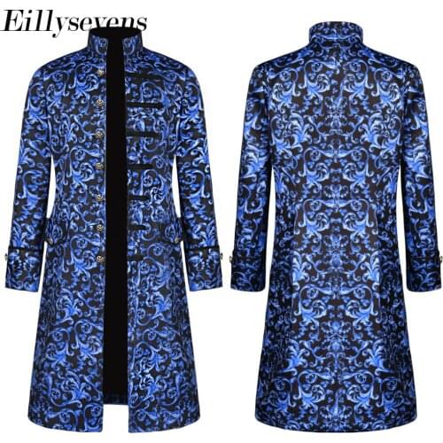 Halloween Victorian Men Jacquard Weave Stand Collar Long Sleeve Coat Outwear Retro Jacket Coat Men Goth Steampunk Middle Ages