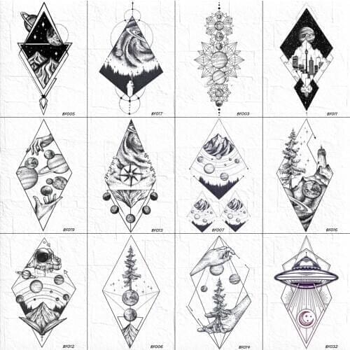 VANKIRS Fake Black Geometric Planet Tattoos Temporary Women Body Arm Hill Ankle Tattoos Stickers Men Neck Pine Tree Tatoos Paste