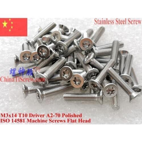 ISO 14581 Stainless Steel screws M3x14 Torx T10 Driver Flat Head A2-70 Polished ROHS 100 pcs