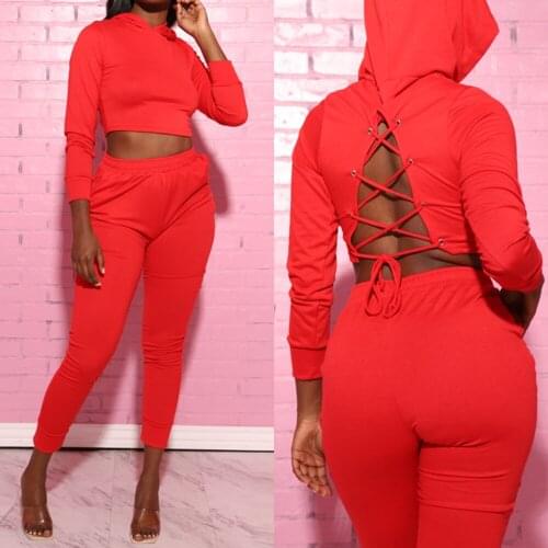 Sexy Matching TWO PIECE SET Hooded Crop Top Back Bandage Lace Up Tracksuit Women Clothing 2 Piece Set Outfits Suits Sweatsuits