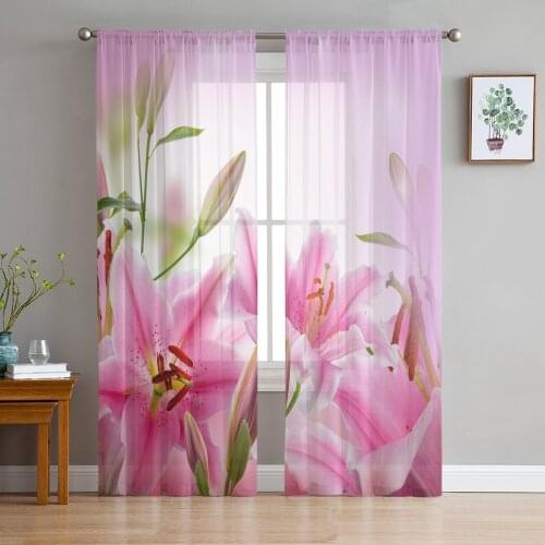 Beautiful Pink Flowers Voile Curtains for Living Room Window Treatment Sheer Curtains for Bedroom Kitchen Drapes